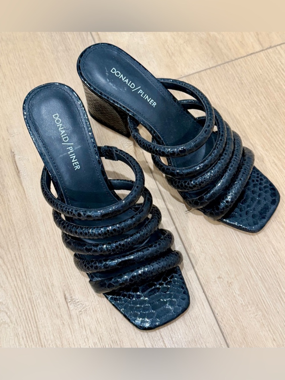 Donald Pliner Black Textured Multi-Strap Block Heel Slides